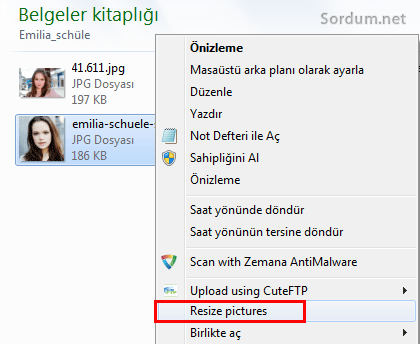 Sağ tuşa resmi yeniden boyutlandır