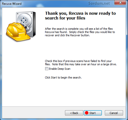 recuva veri kurtarmayı başlatalım
