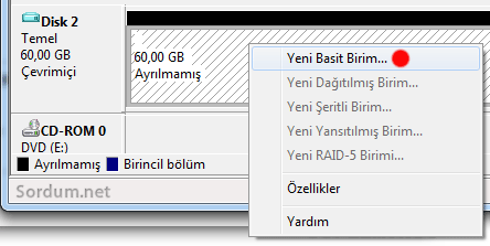 VHD yeni basit birim oluştur