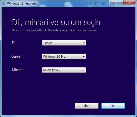 Windows 10 kurulum medyası dil ve sürüm seçimi