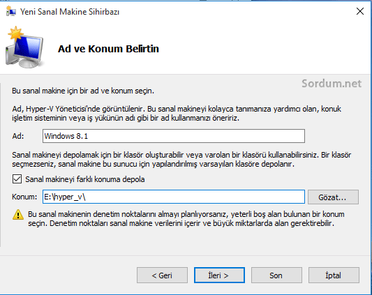 hyper v sanal makina ad ve konum