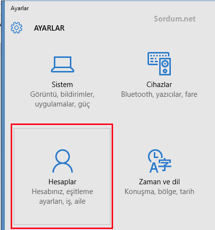 Windows 10 hesap ayarları