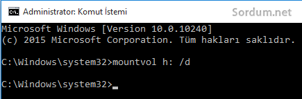 windows 10 da komut ile unmount