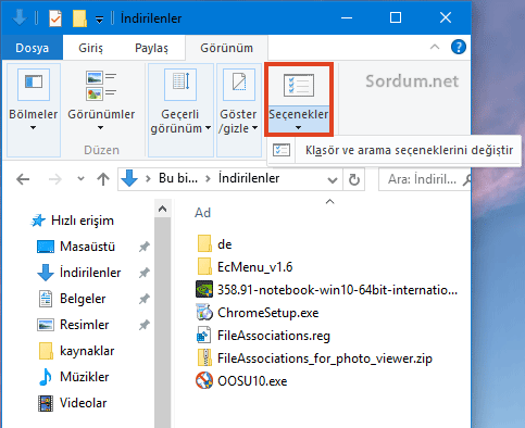 Windows 10 dosya seçenekleri