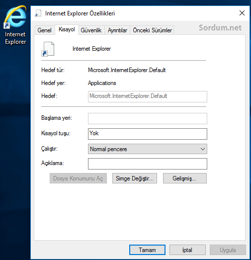internet explorer kısayolu sağ tık