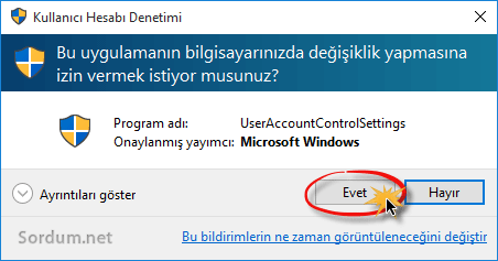 kullanici hesabi denetimi ekranı