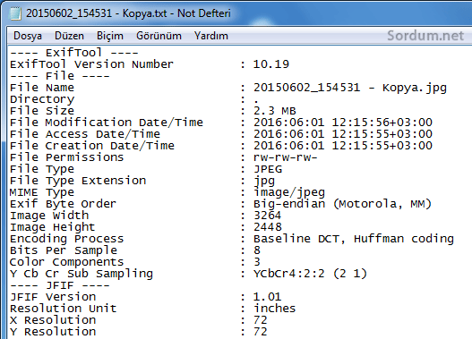 exif verisi dökümü