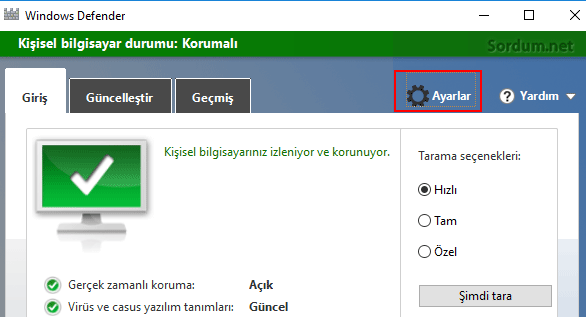 Windows defender Ayarlar