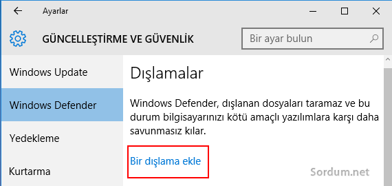 Windows defender dışlama ekleme