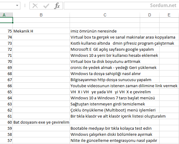 excel satırlar kaymış