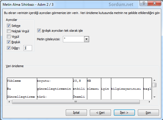 metin alma sihirbazı adım 2