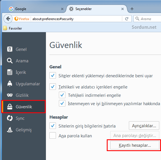 firefox kayıtlı hesaplar