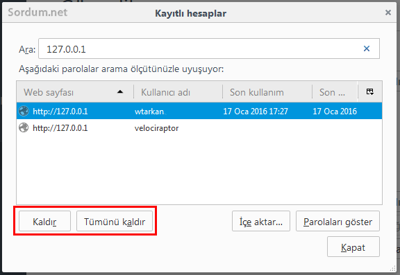 firefox kayıtlı hesapları silme