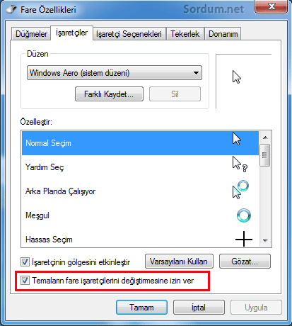 Temalar fare işeretçilerini değiştirsinler