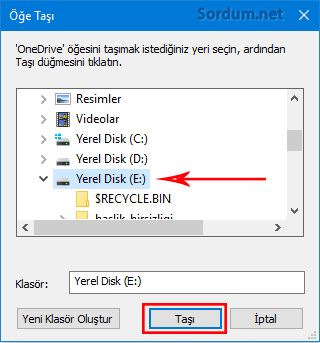 OneDrive farklı dizine taşıma ekranı