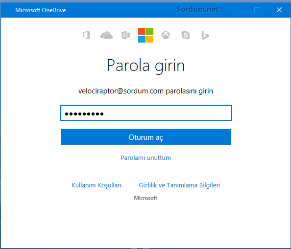 OneDrive şifre ekranı