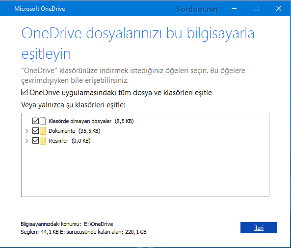 Onedrive eşitleme ekranı