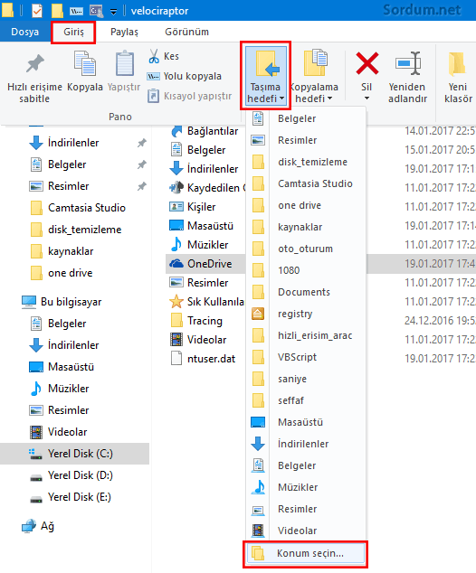 Onedrive Konum seçin