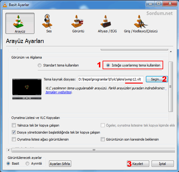 VLC tema kullan ayarı