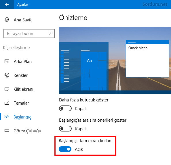 Başlangıcı tam ekran kullan