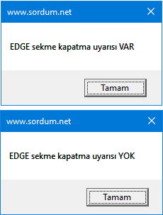 EDGE sekme kapat uyarısı