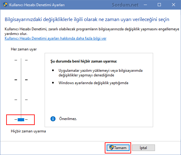 Kullanıcı hesabı denetim ayarları