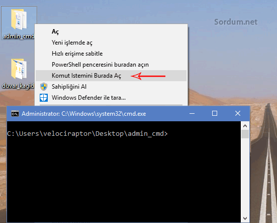 Sağ tuşa shift komut istemini burada aç