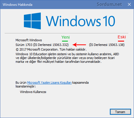 Güncellemeden sonra windows sürüm numarası