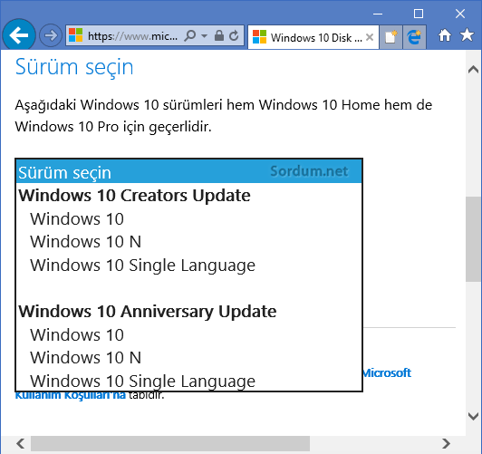 Windows sürümünü seçelim