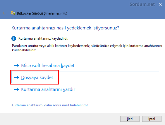 Bitlocker kurtarma anahtarı oluşturmak