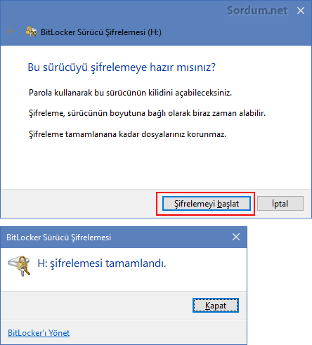 Bitlocker sürücü şifreleme tamamlandı