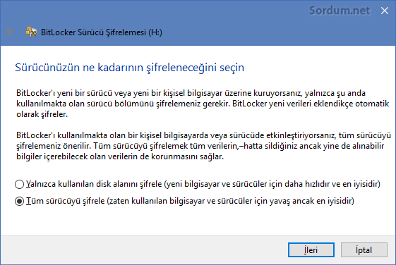 bitlocker ile tüm sürücüyü şifrele