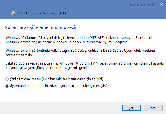 Bitlocker uyumluluk modu