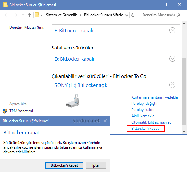 bitlockeri kapatma