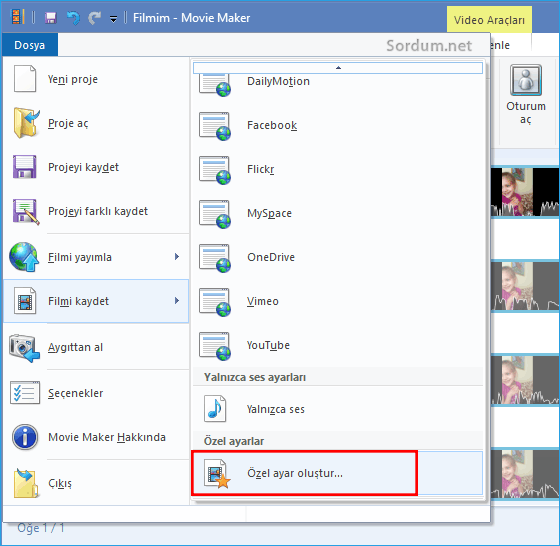 Movie maker özel ayar oluştur