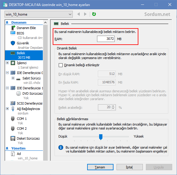 Hyper-V sanal makina Ram miktarı ne olmalı