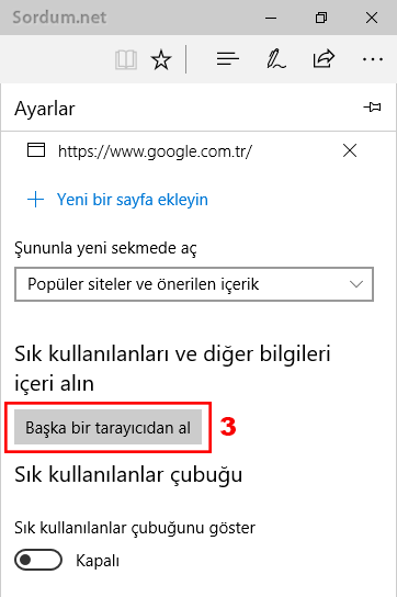 EDGE başka tarayıcıdan al özelliği