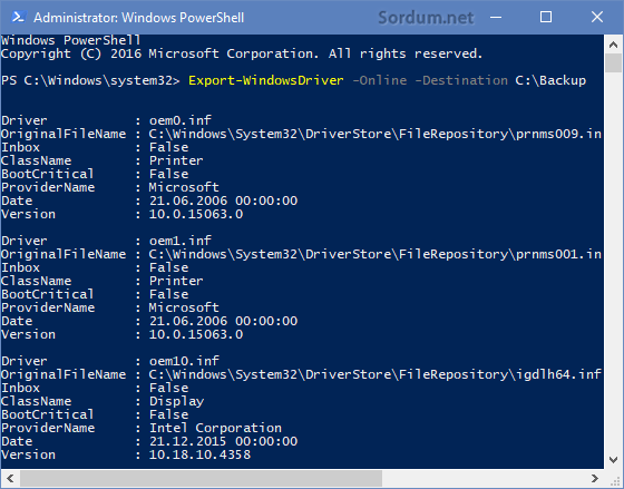 Powershell sürücü yedekleme komutu