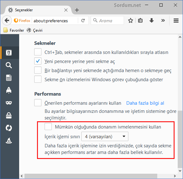 Firefox donanım ivmelenmesini kullanmasın