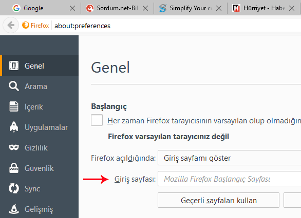 firefox giriş sayfası