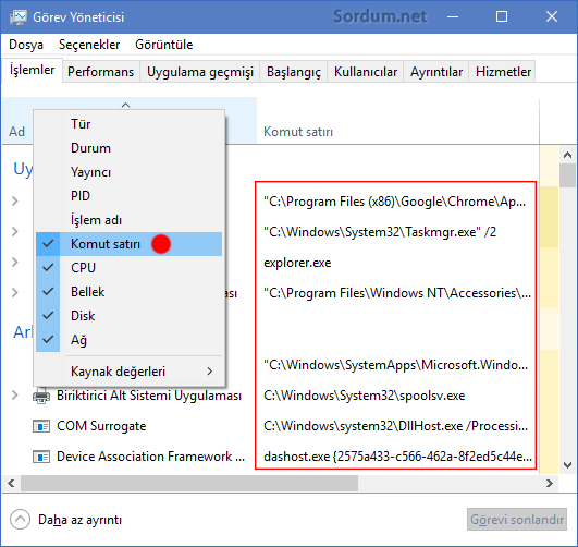 Görev yöneticisine komut satırı ilave edildi