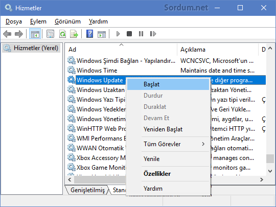Windows Update servisini başlatalım