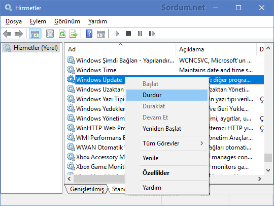 Windows update servisini durduralım