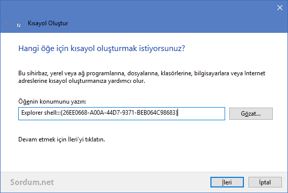 clsid ile kısayol oluşturma