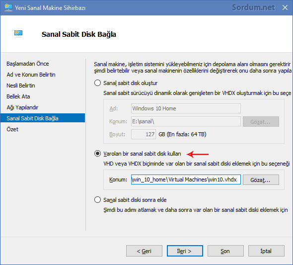 varolan bir sanal disk kullan