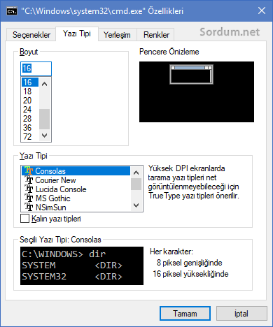 Windows 10 komut istemi yazı tipi