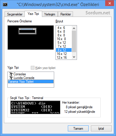 Windows 8.1 Komut istemi varsayılan yazı tipi