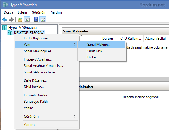 hyper-v de yeni sanal makina