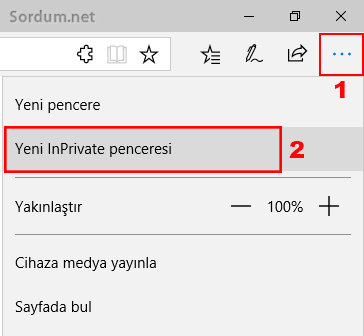 Edge de ayarlardan Inprivate yi açma