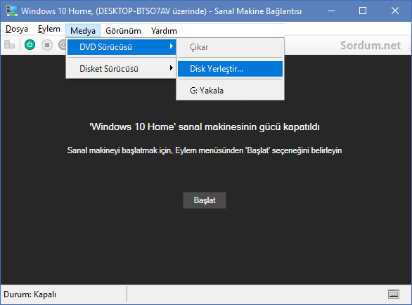 hyper v ye iso bağlama